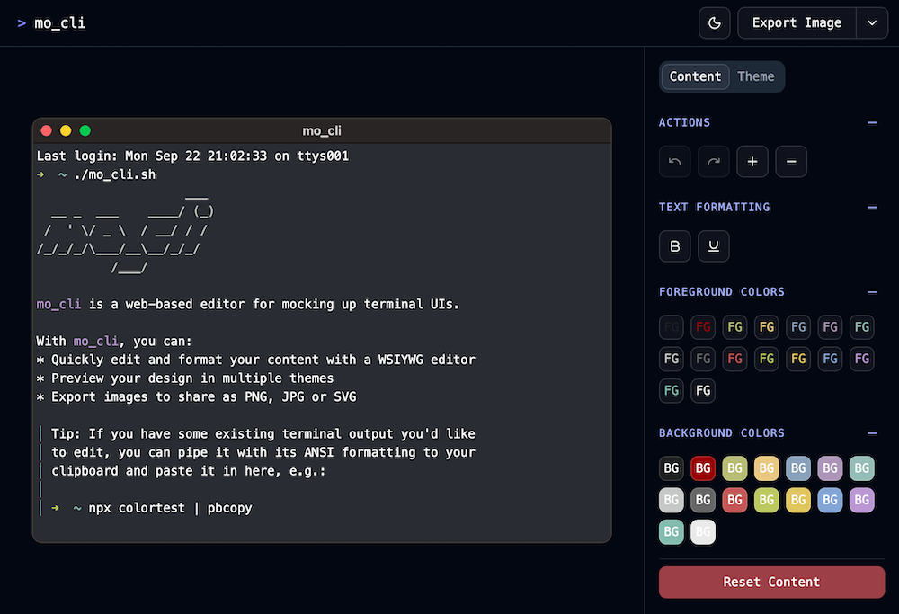 Screenshot of mo_cli, a WYSIWG editor for mocking up terminal interfaces.